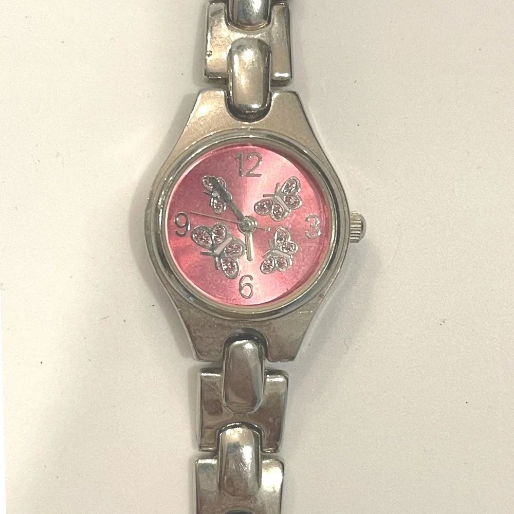 FMD‎ Pink Butterfly Dial Silver Tone Link Bracelet Watch FMDWS059 Japan Movt